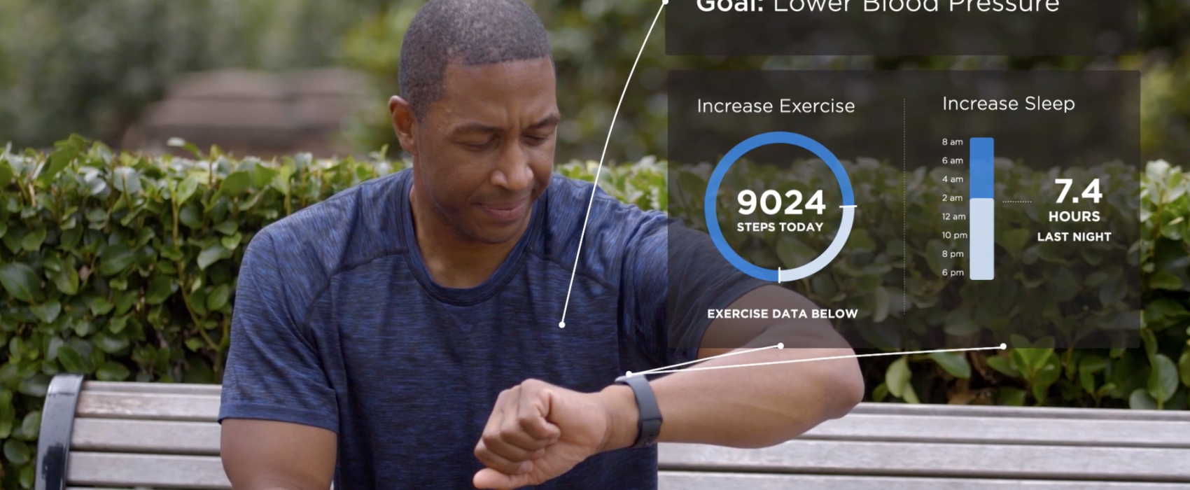black man looking at watch with animated chart overlay