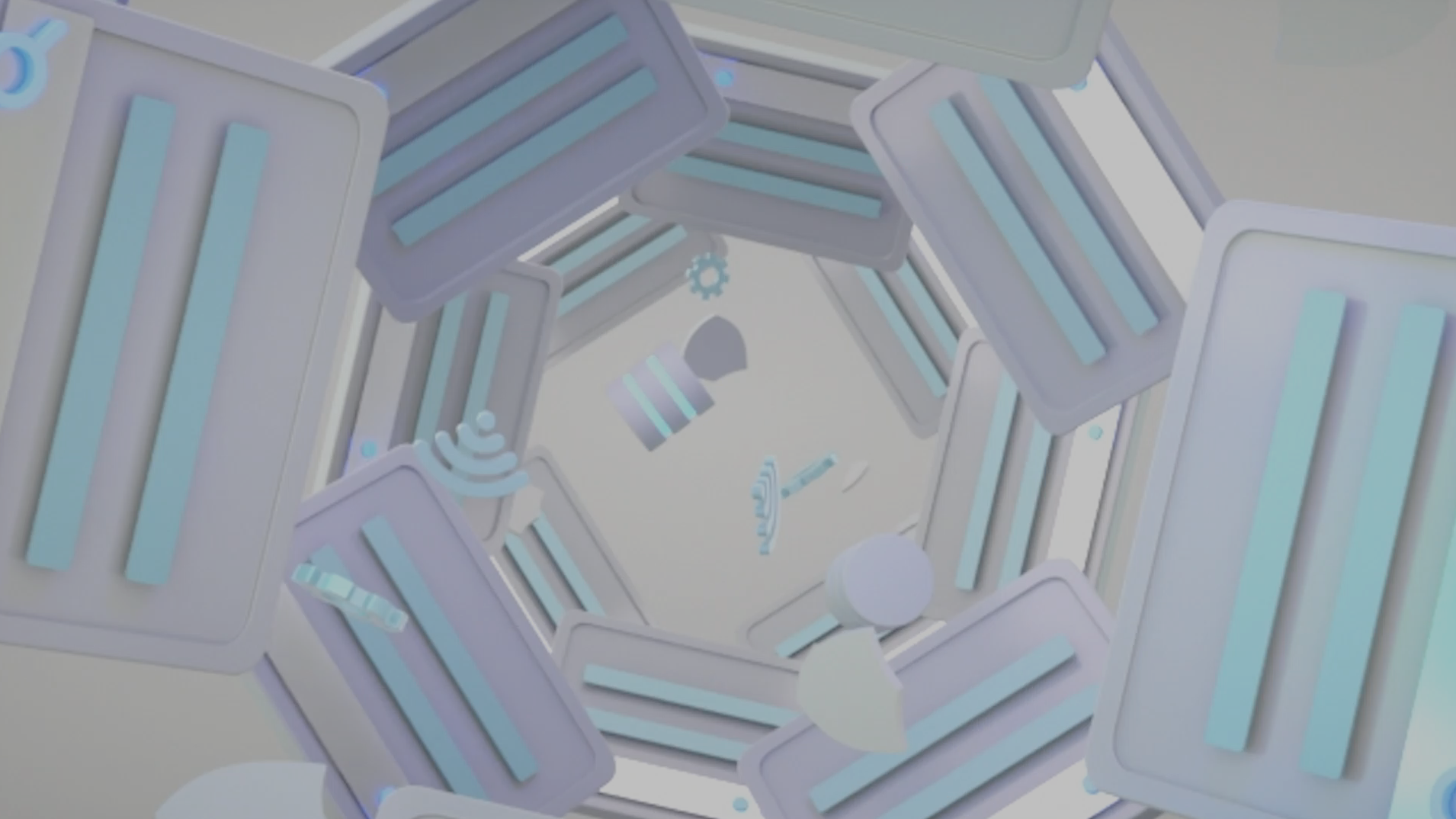 3D motion graphics of flying white objects moving to center